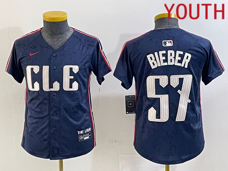 Youth Cleveland Indians 57 Bieber Blue City Edition Nike 2024 MLB Jersey style 1